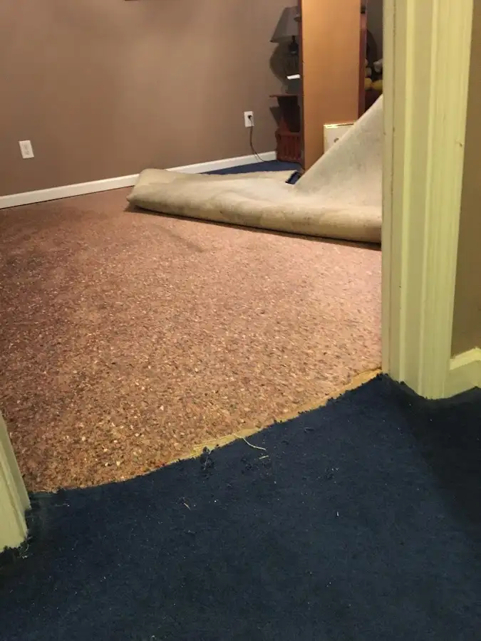 Carpet pad removal revealing water damage during Water Mitigation Services in Clementon